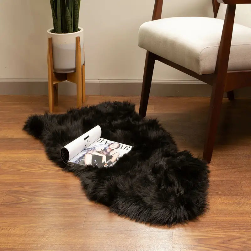 Black Furry Shaggy Rug - Machine Washable Plush Carpet