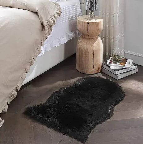 Black Furry Shaggy Rug - Machine Washable Plush Carpet