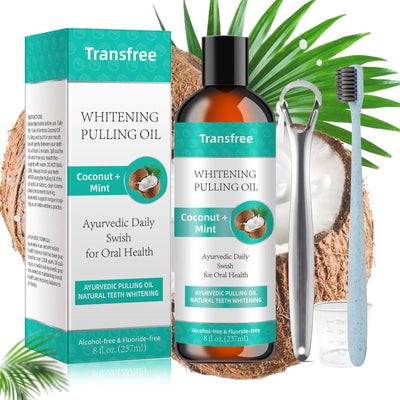 Coconut-Mint Oil Pulling Mouthwash – Helps Freshen Breath, Teeth, Gums, Whitening, Oral Health – Natural & Alcohol-Free – with Guru Tongue Scraper and Toothbrush (236 ml)