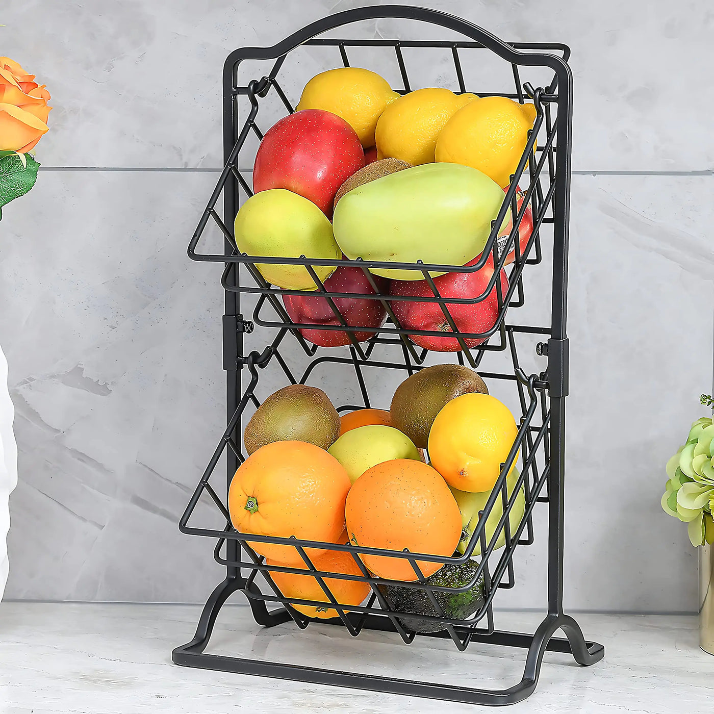 Wetheny 2 Tier Iron Fruit Basket Fruit Bowl for Kitchen CounterBreadFruit and Vegetable Holder Storage BasketWire Hanging Basket stand for Kitchen Organizer Matte Black