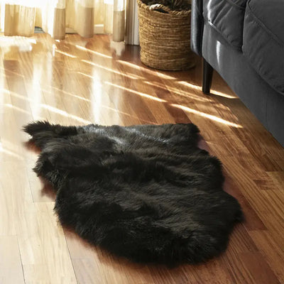 Black Furry Shaggy Rug - Machine Washable Plush Carpet