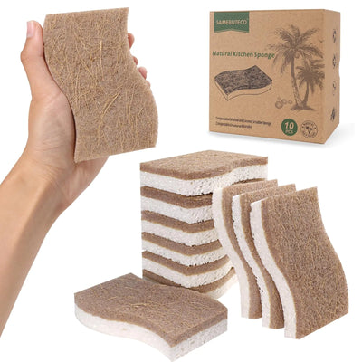 SAMEBUTECO Natural Kitchen Sponge Dish Sponge for Kitchen Coconut Fiber and Wood Cellulose Scrubbing Sponges for Heavy Duty Kitchen Grime S Shape Kitchens Sponges 10 PCs